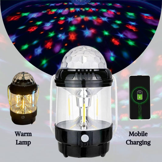 2-in-1 Rechargeable RGB LED Stage Light & Camping Lantern with Mobile Power Bank | Portable Rotating Disco Party Light (20W)