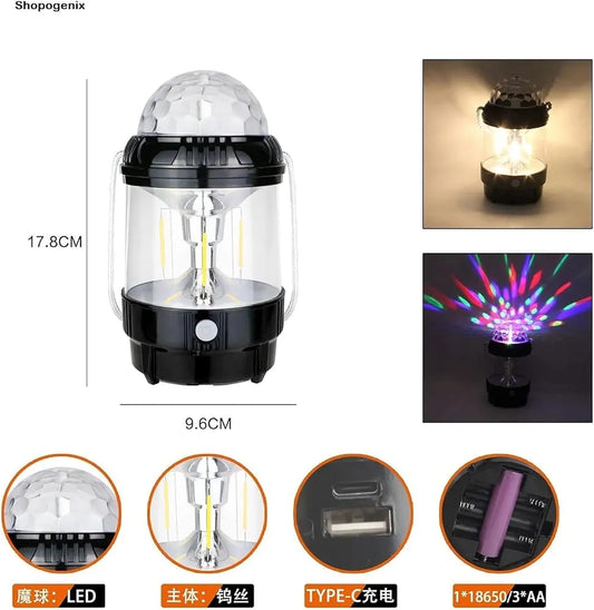2-in-1 Rechargeable RGB LED Stage Light & Camping Lantern with Mobile Power Bank | Portable Rotating Disco Party Light (20W)